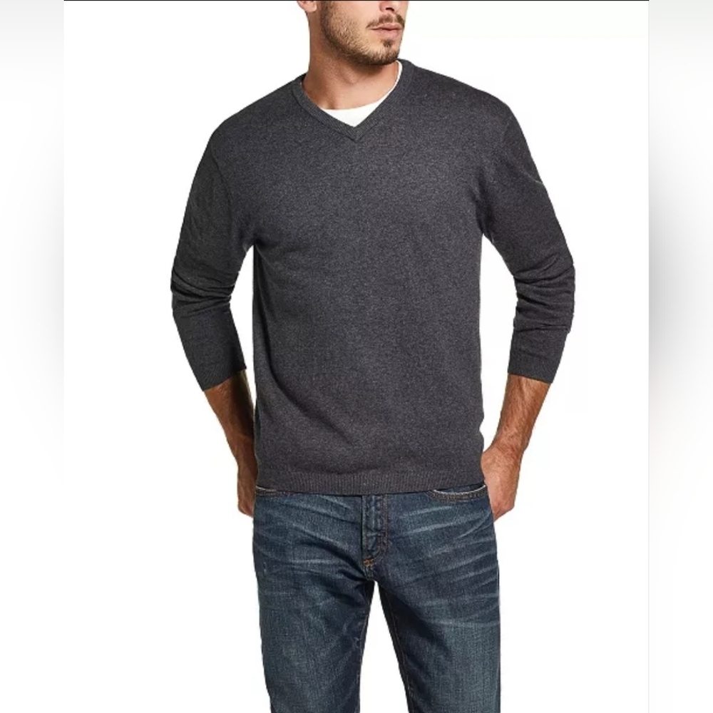 Weatherproof Men's Charcoal Cotton Cashmere V-Neck Pullover Sweater Large NWT - Picture 2 of 11